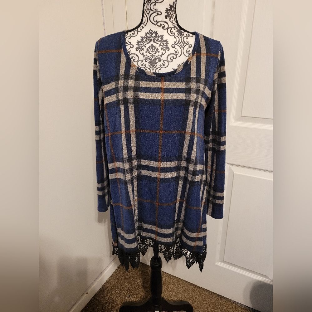 Vanilla Bay blue plaid‎ sweater with lace trim